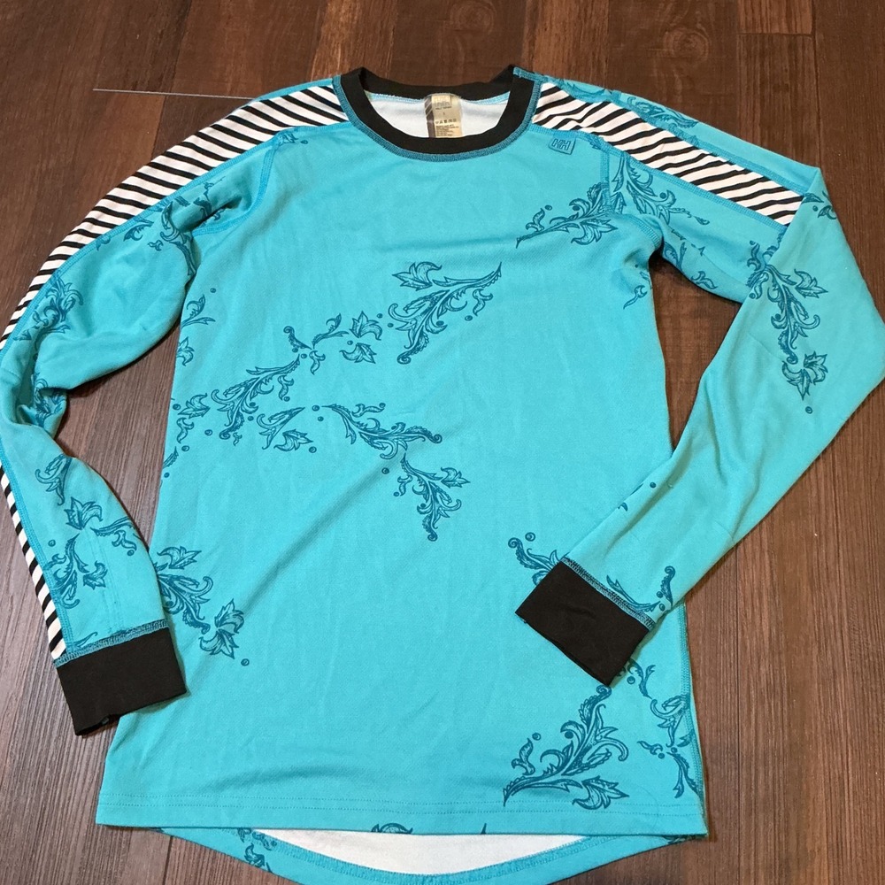 Helly Hansen Lifa Base Layer Top Turquoise Floral Striped Long Sleeve Small